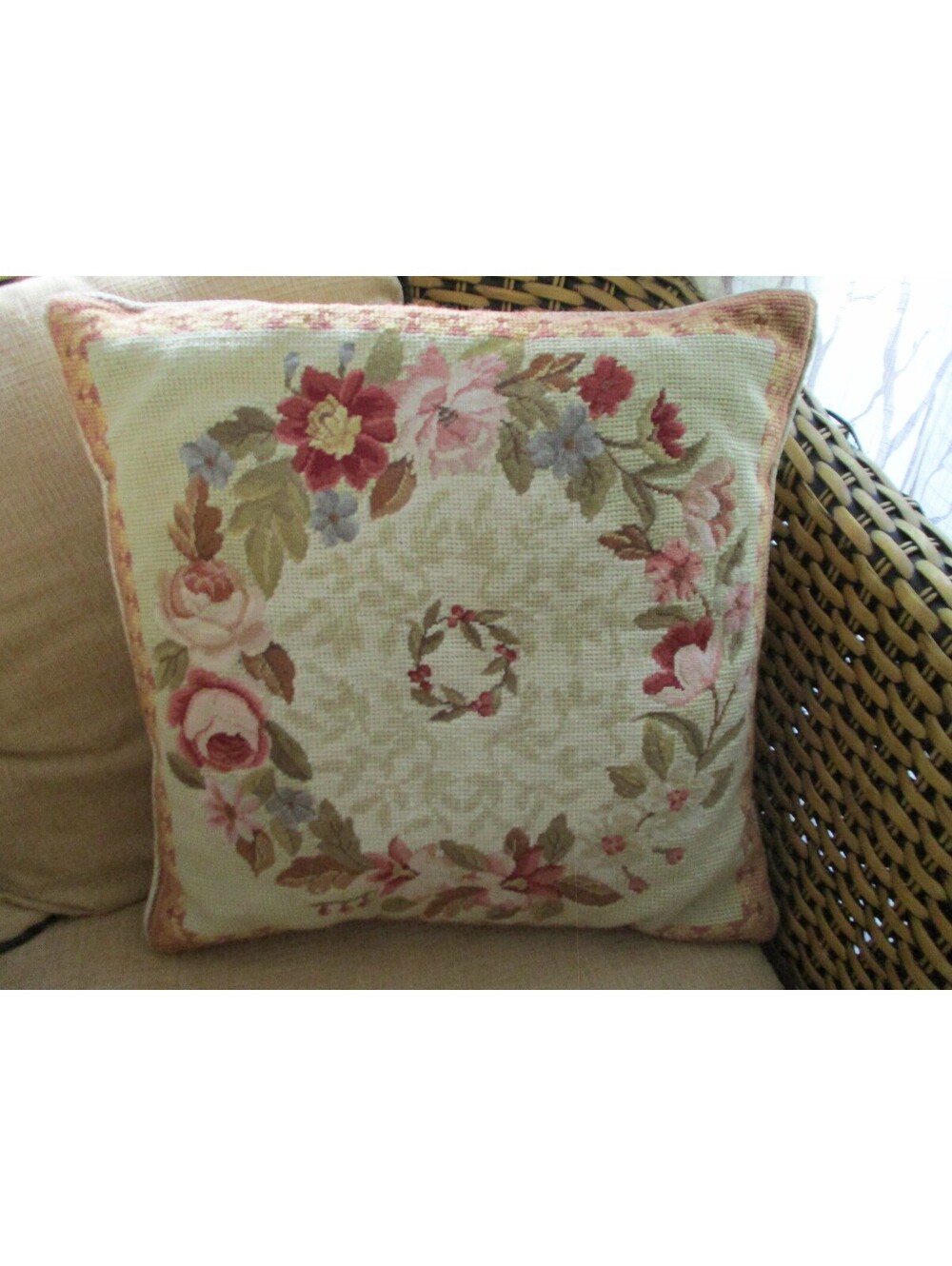 Vintage Hand Stitched Wool Needlepoint Pillow Rose Wreath Shabby Chic Decor